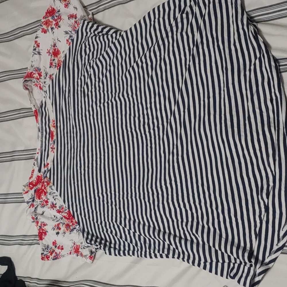Navy stripes tee with floral sleeves
